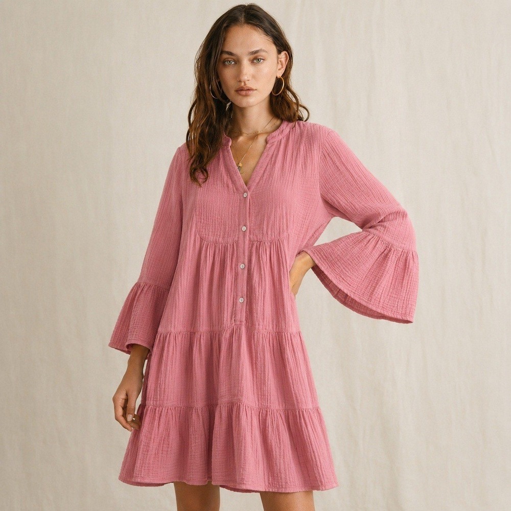 Faherty Pink Dream Cotton Gauze Kasey Tier Mini Dress Size XL
